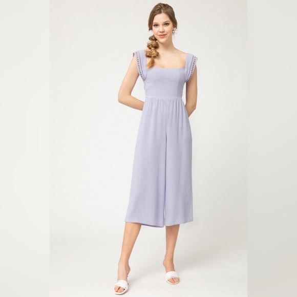 Entro | Layla Solid Smocked Cropped Jumpsuit Crochet Lilac Linen Purple Large - Picture 3 of 13